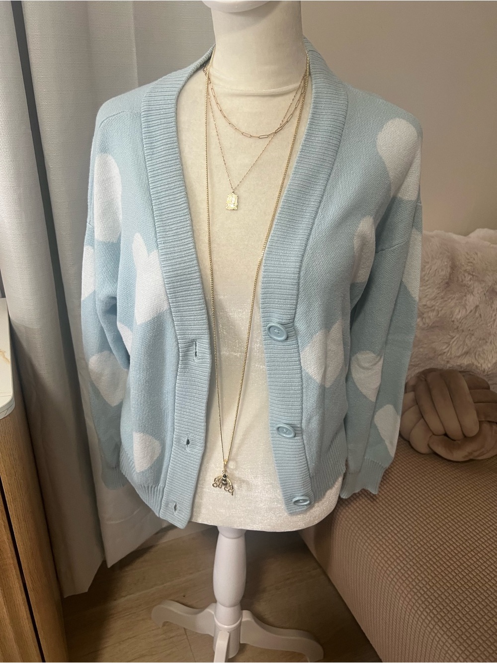 Light Blue Heart Print Button-Front Cardigan